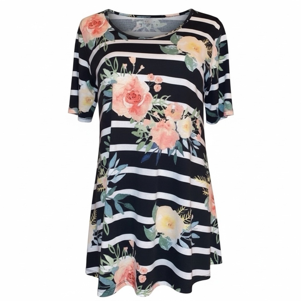 LULAROE Women’s Tunic Top Floral & Striped Pattern in BLK, WHT, Peach, YEL SZ SM